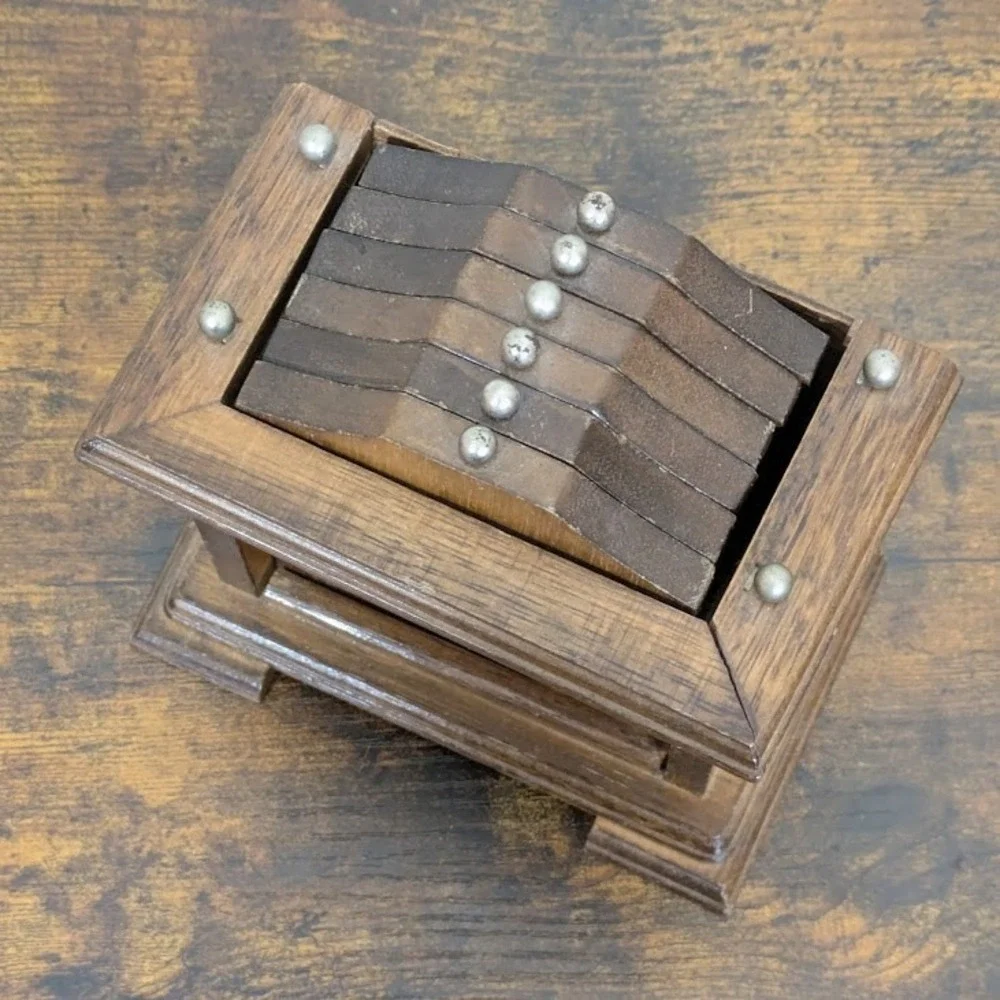 Vintage 1975‎ Enesco Wooden Clock Coaster Set Of 6 Retro Decor Wood Cork